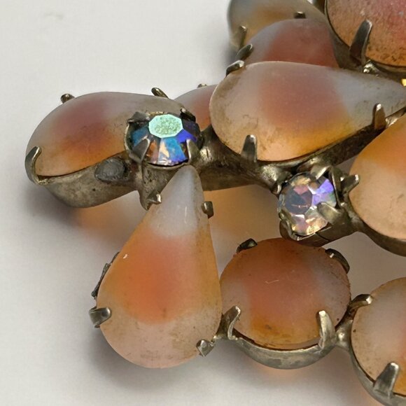 Vintage 1950s Orange Givre Glass Cabochon Arora Borealis Rhinestone Brooch - Picture 3 of 15